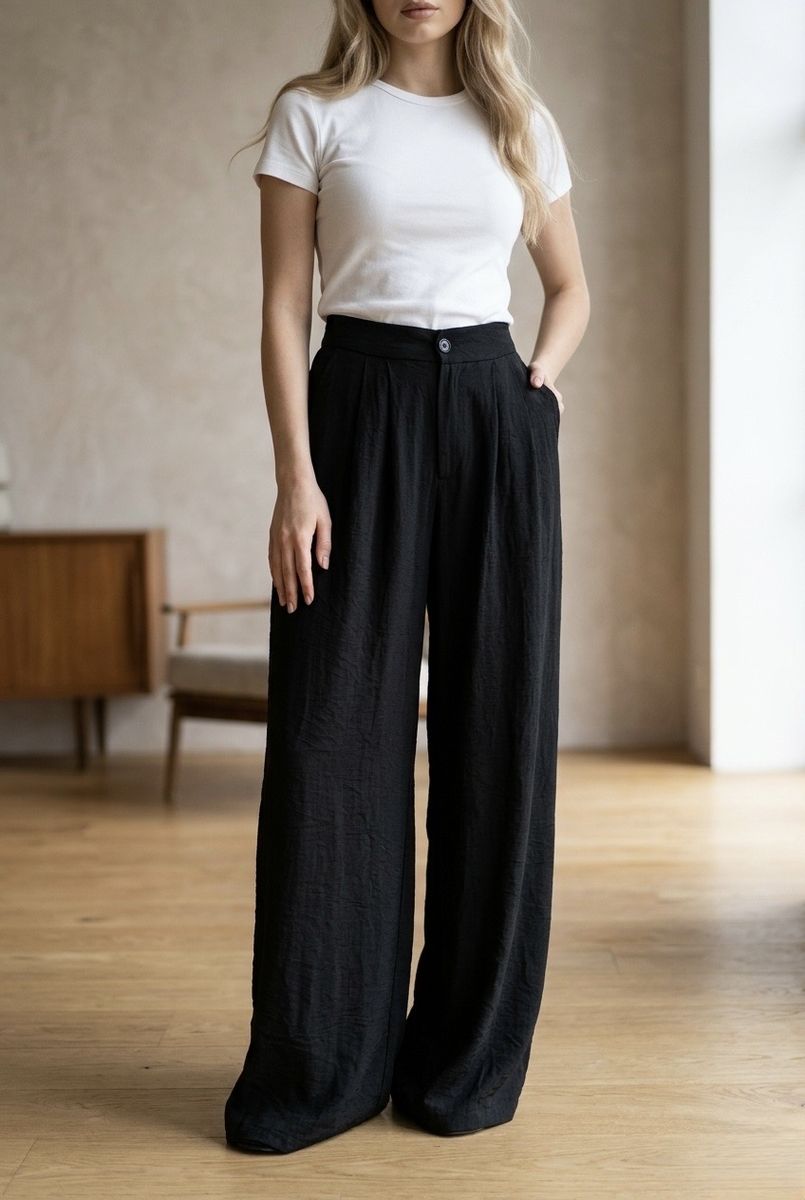 Pantalon fluide large taille haute élégant - Noir