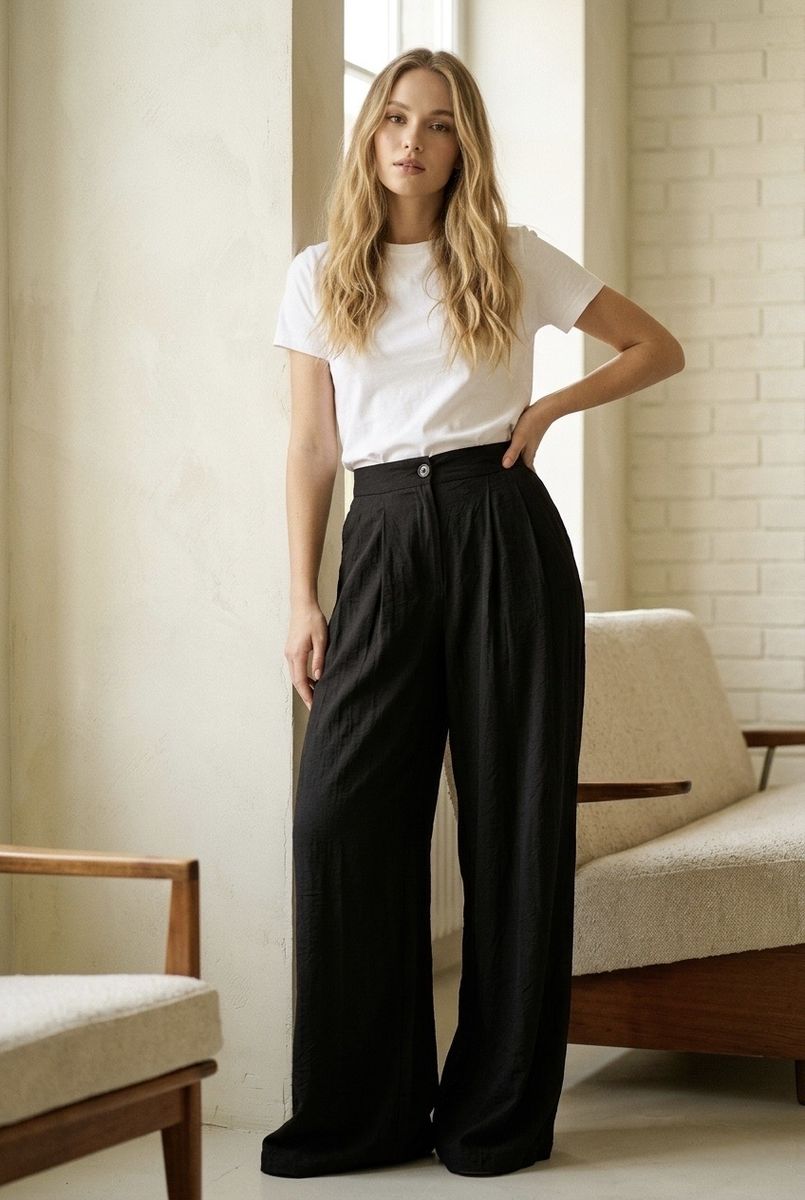 Pantalon fluide large taille haute élégant - Noir