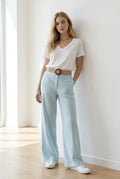 Pantalon fluide large ceinture tressée bleu écru - Bleu