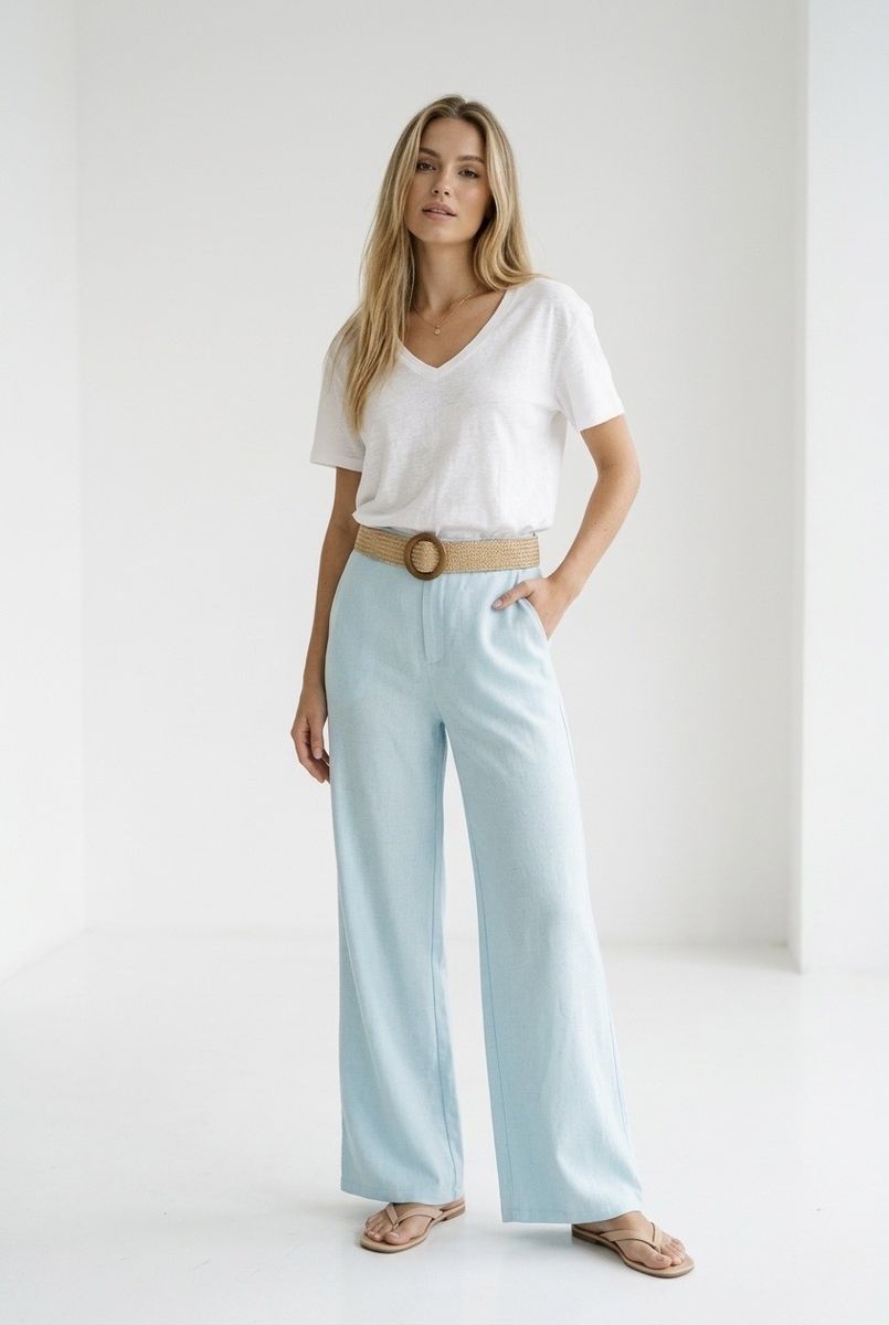 Pantalon fluide large ceinture tressée bleu écru - Bleu