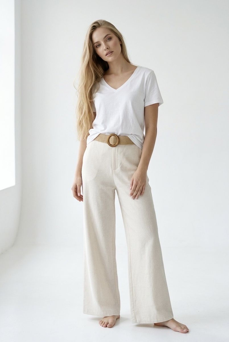 Pantalon fluide large ceinture tressée bleu écru - Écru