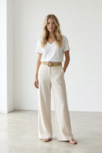 Pantalon fluide large ceinture tressée bleu écru - Écru