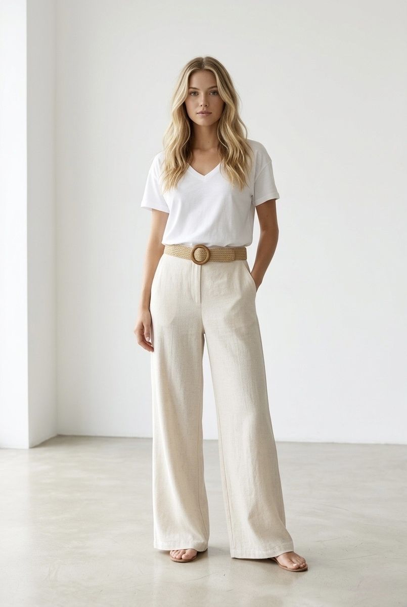 Pantalon fluide large ceinture tressée bleu écru - Écru