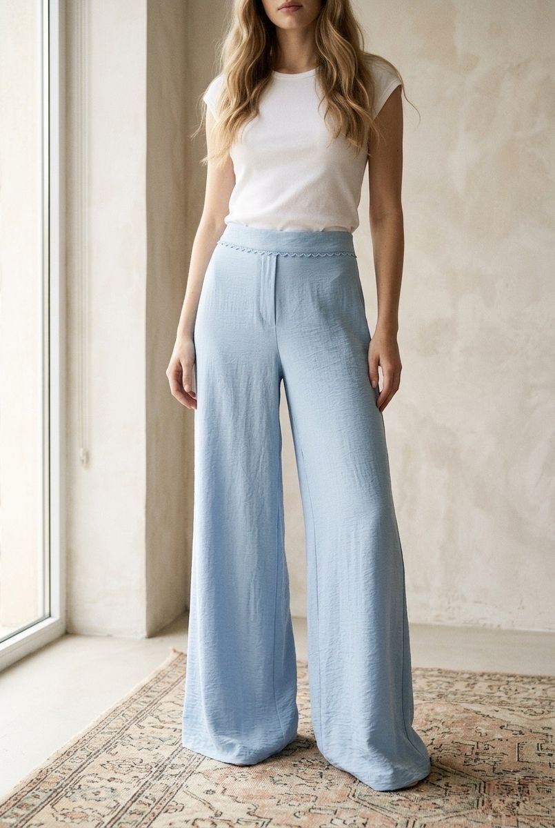 Pantalon fluide large taille dentelle - Bleu