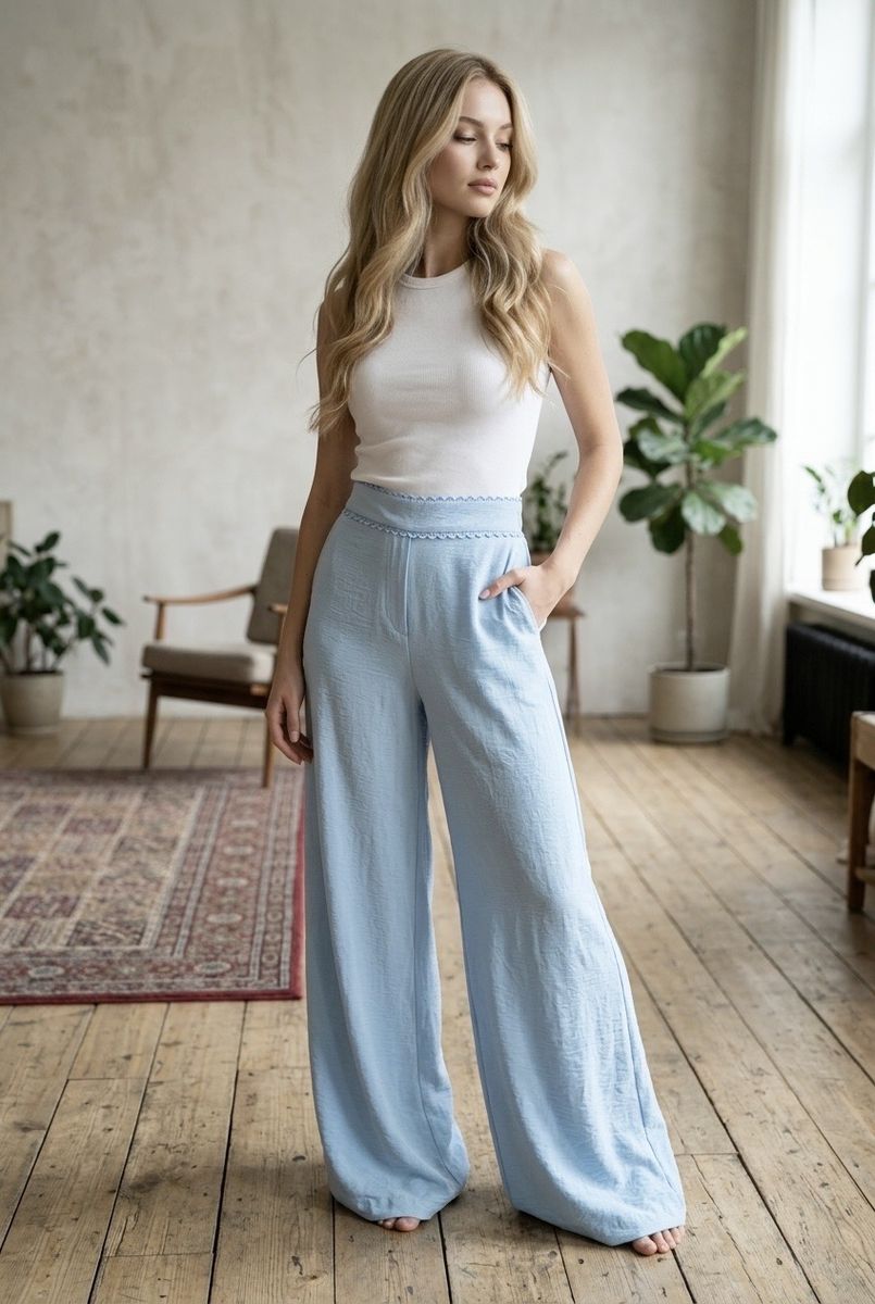 Pantalon fluide large taille dentelle - Bleu