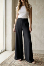 Pantalon fluide large taille dentelle - Noir