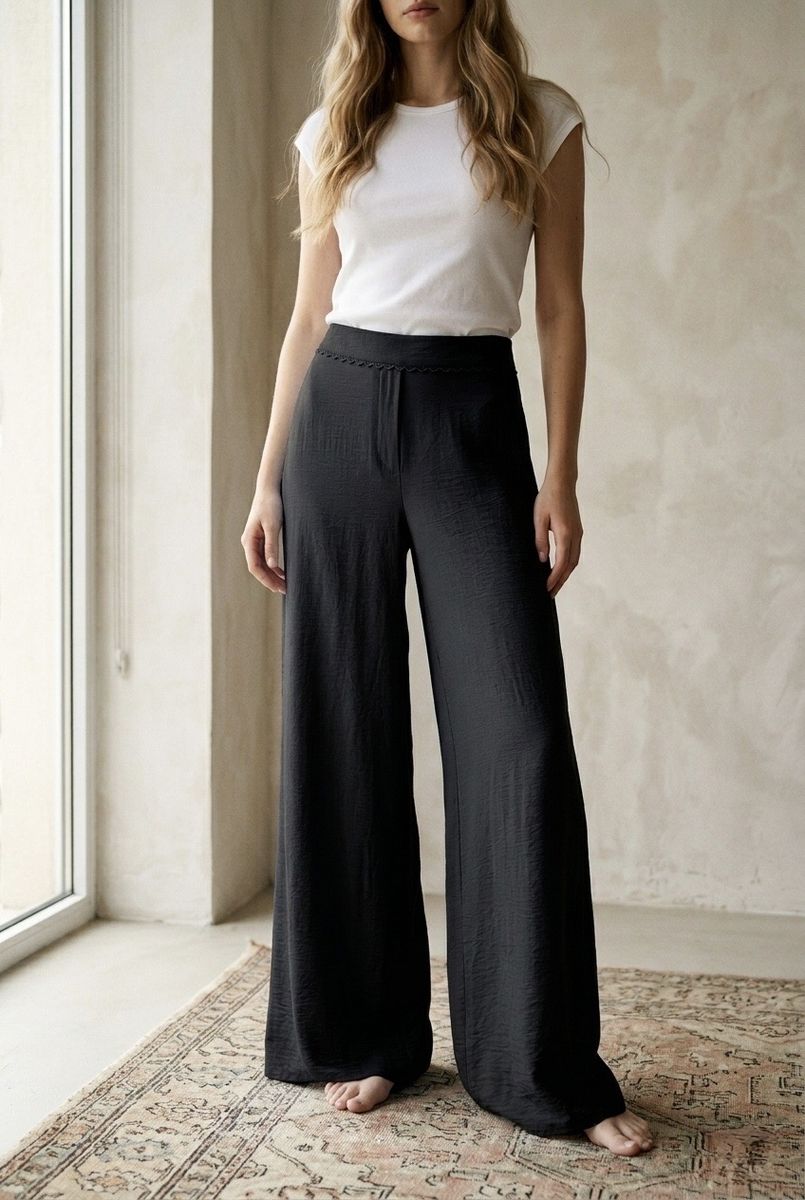 Pantalon fluide large taille dentelle - Noir