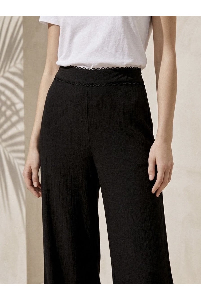 Pantalon fluide large taille dentelle - Noir