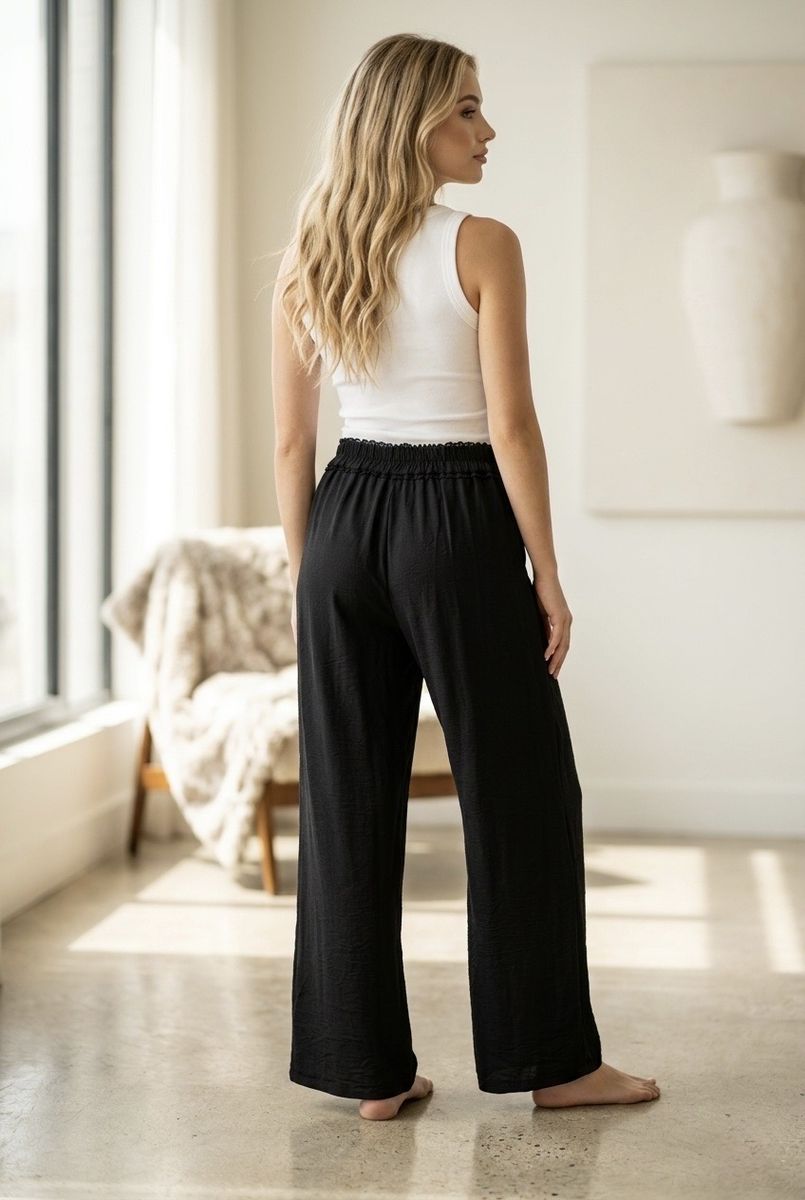 Pantalon fluide large taille dentelle - Noir
