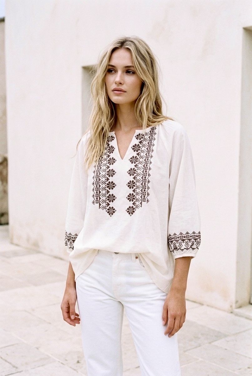 Blouse bohème brodée à encolure fendue - Blanc