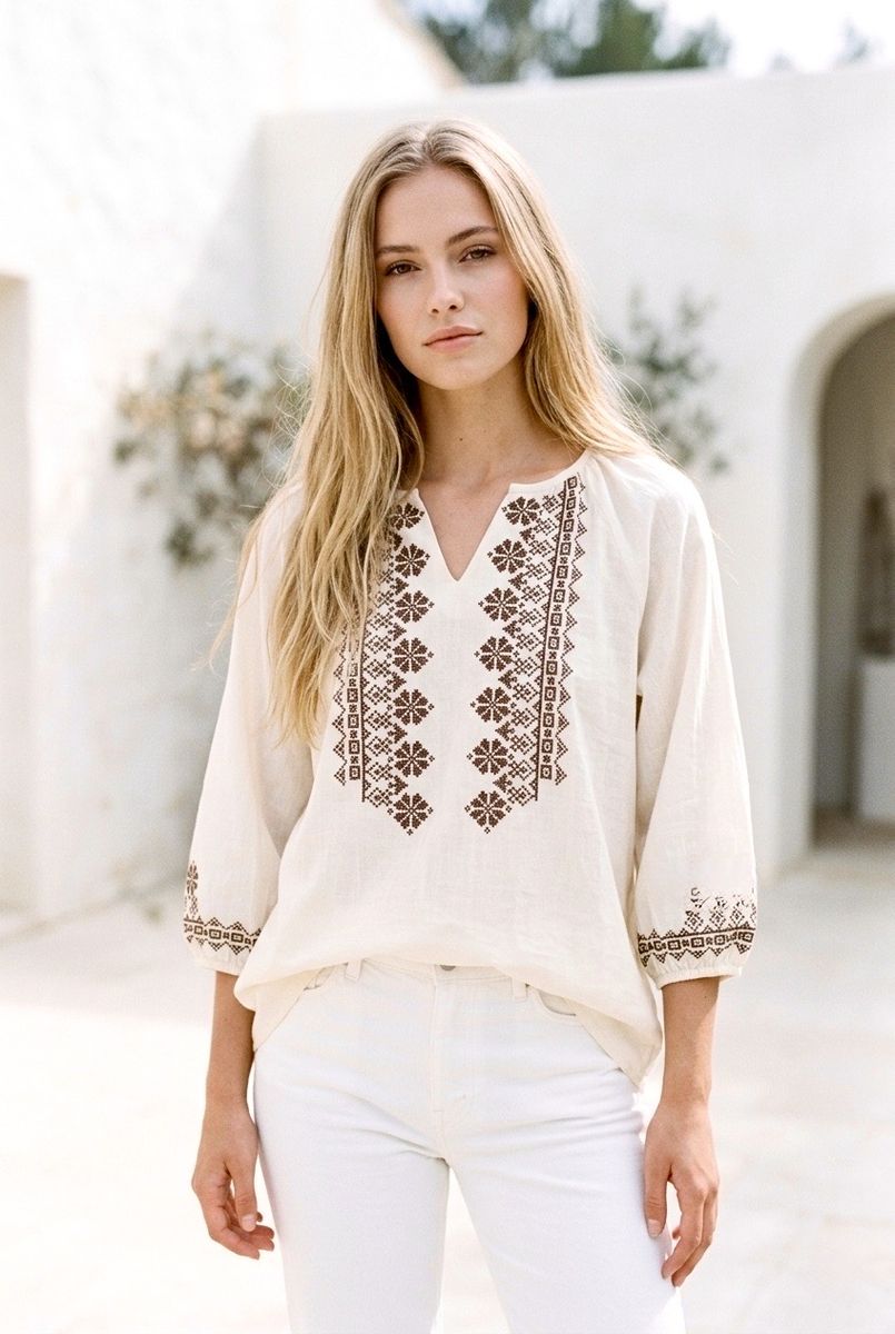 Blouse bohème brodée à encolure fendue - Blanc