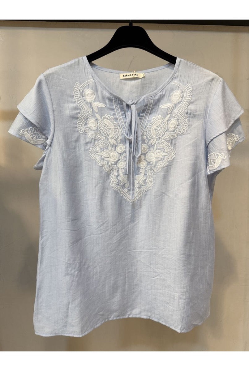 Top Bohème Brodé Lina Douceur Estivale - Bleu