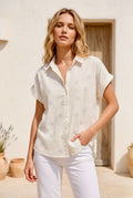 Chemise fluide brodée à fleurs pailletées argentées - Blanc