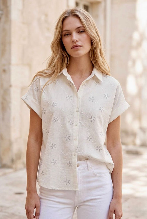 Chemise fluide brodée à fleurs pailletées argentées - Blanc