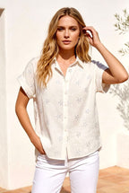 Chemise fluide brodée à fleurs pailletées argentées - Blanc