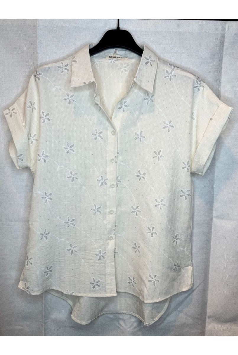 Chemise fluide brodée à fleurs pailletées argentées - Blanc